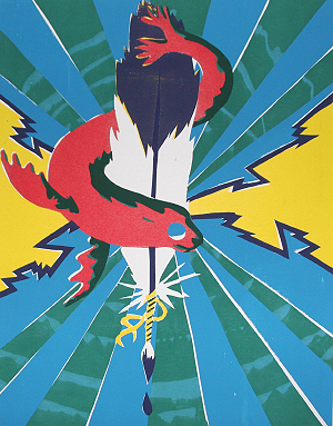 "Energy and Soul" original 5 color silk screen with sealion swimming around a painters feather.